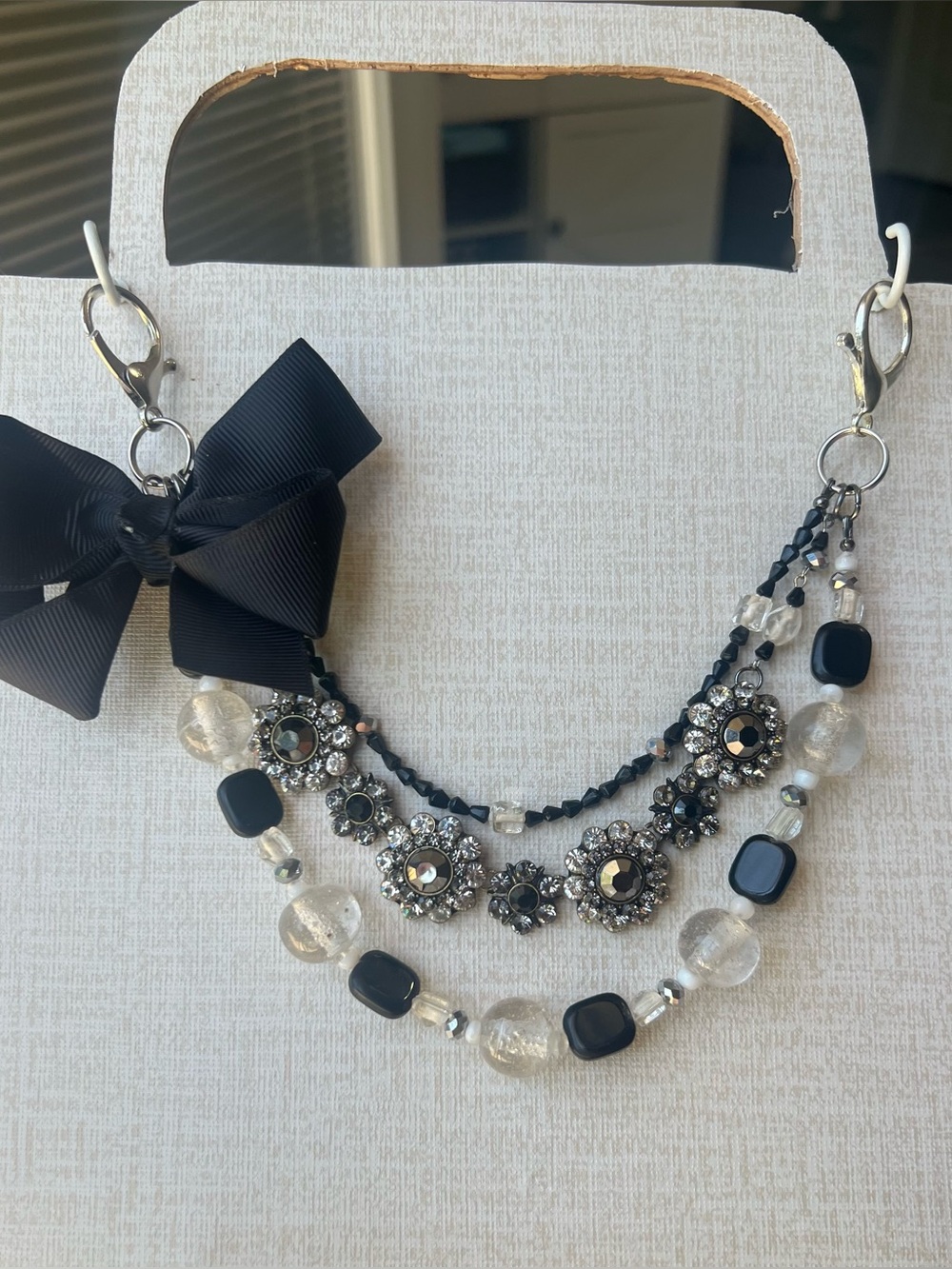 Elegant Black and Clear Crystal Multi-Strand purse chain with Bow
